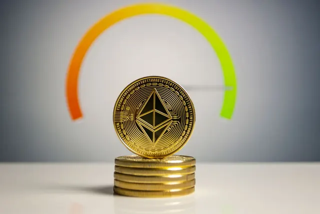 Ethereum-kolikko kolikkopinon päällä, taustalla värikäs mittarikaari